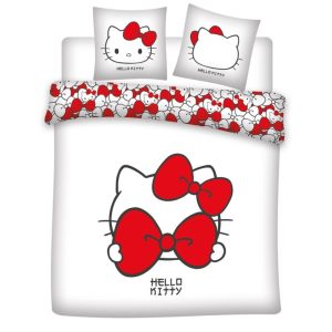 Hello Kitty dubbelt påslakan med röd rosett 240×220 cm, 65x65 cm