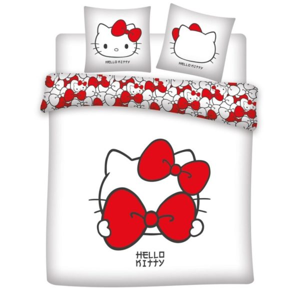 Hello Kitty dubbelt påslakanset / bäddset med röd rosett 240×220 cm, 65x65 cm, polycotton