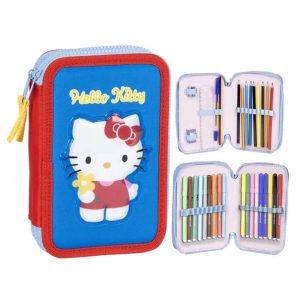 Hello Kitty blå pennfodral med två lager och innehåll