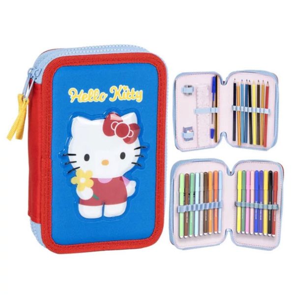 Hello Kitty blå pennfodral med två lager och innehåll