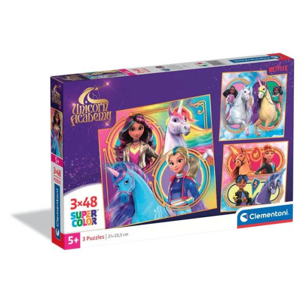Unicorn Academy 3 x 48 bitars pussel – Clementoni SuperColor 21 x 20,5 cm