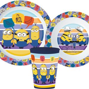Minions Randigt middagsset i mikrovågssäker plast med mugg 260 ml