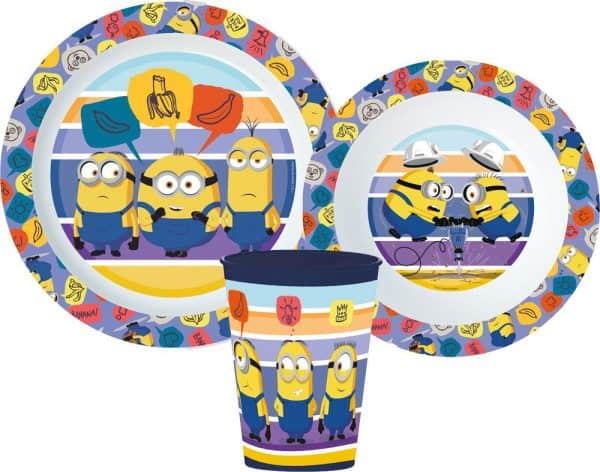 Minions Randigt middagsset i mikrovågssäker plast med mugg 260 ml