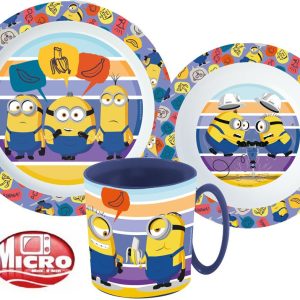 Minions randigt servisset i mikoplast med 350 ml mugg