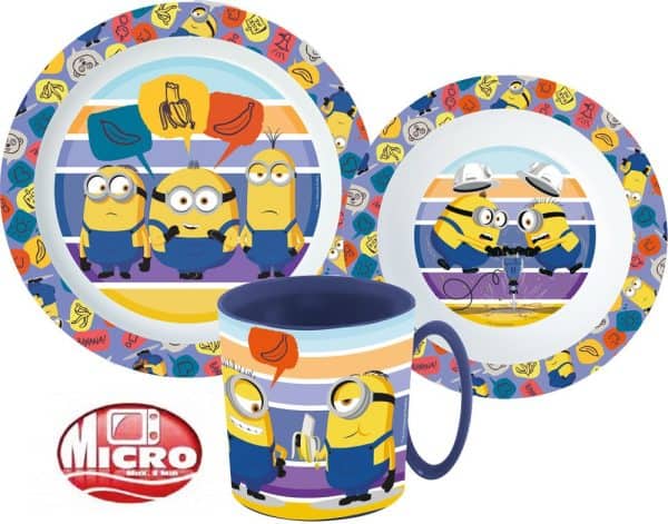 Minions randigt servisset i mikoplast med 350 ml mugg