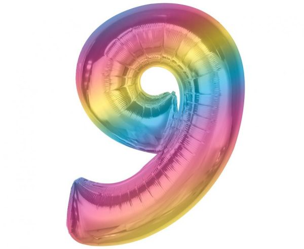 Number regnbågsfärgad nummer 9 folieballong 92 cm