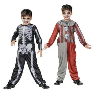 Halloween vändbar dräkt med skelett och clown, 120/130 cm