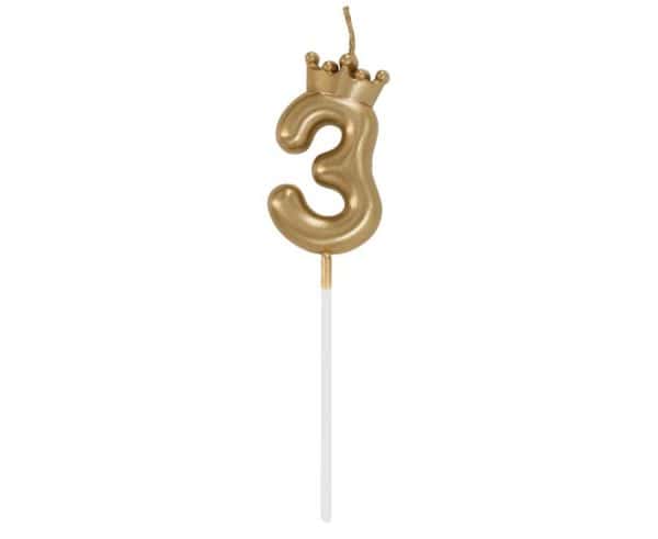 Number Champagne Crown Gold siffertårtljus nummer 3, 6 cm