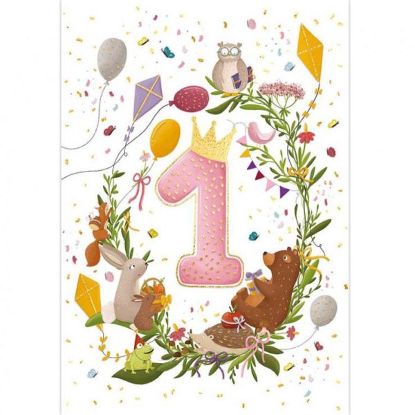 First Birthday Gratulationskort Rosa A5 med Kuvert