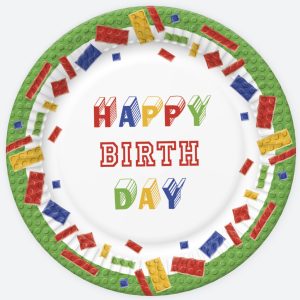 Happy Birthday byggklossar pappersassiett set om 8, 22,7 cm