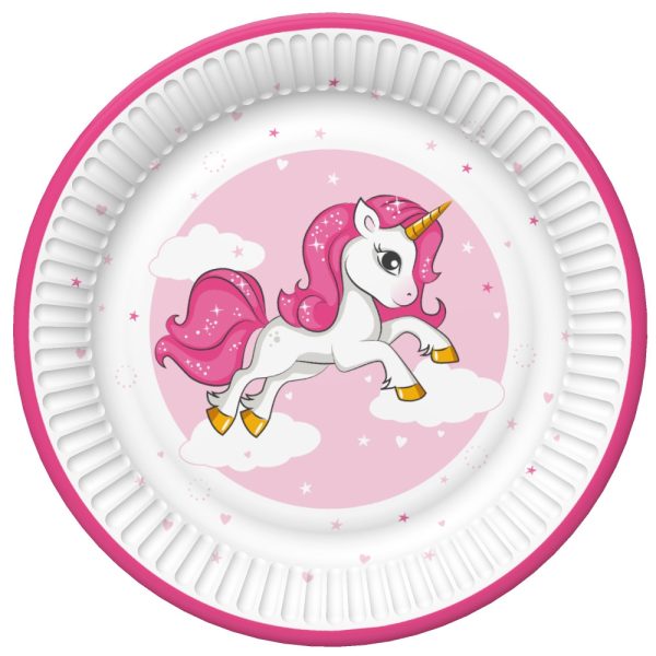 Unicorn papperstallrik med rosa hjärta 18 cm, 8-pack