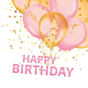 Happy Birthday servetter med guld- och rosa ballonger 20-pack 33x33 cm