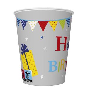 Happy Birthday pappersmuggar set om 8, 250 ml