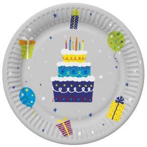 Happy Birthday pappersassietter 8-pack 22,7 cm