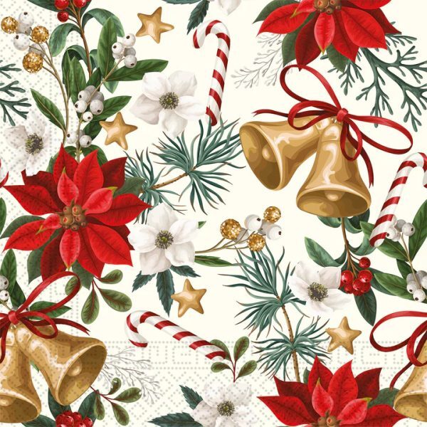 Christmas servettset med klockor och blommor 20-pack 33x33 cm