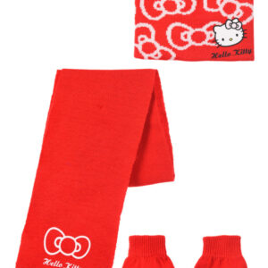 Hello Kitty rosett röd barnmössa + halsduk + vantar set 54 cm