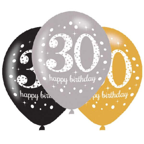 Happy Birthday 30 ballonger, 6-pack 27,5 cm