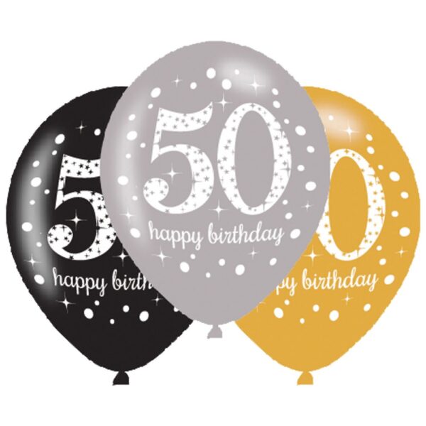 Happy Birthday 50 ballong, 6-pack 27,5 cm