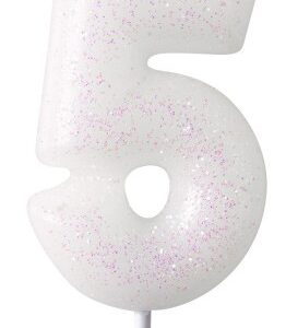 Vit glittrande ljus siffra 5, 6,5 cm