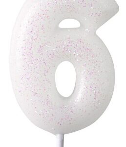 Vitt glittrande ljus siffra 6, 6,5 cm