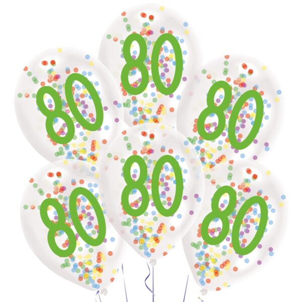 Happy Birthday 80 Konfettifyllda Ballonger, 6-pack 27,5 cm