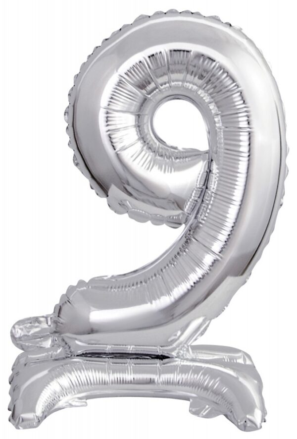 Silver mini foliebollong siffra 9 med bas 38 cm