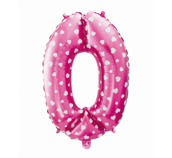Number Rosa med Hjärtan, Rosa 0-formad folieballong 61 cm