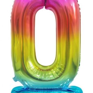 Number Rainbow Färgglad nummer 0 folieballong med bas 74 cm