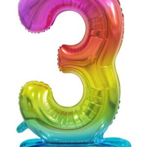 Number Rainbow Färgglad Nummer 3 Folieballong med Bas 74 cm