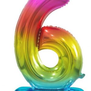 Number Rainbow Färgglad nummer 6 folieballong med bas 74 cm