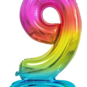 Number Rainbow Färgglad Nummer 9 Folieballong med Bas 74 cm