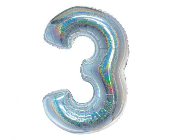 Number Holographic Silver, Silver Nummer 3 Folieballong 76 cm