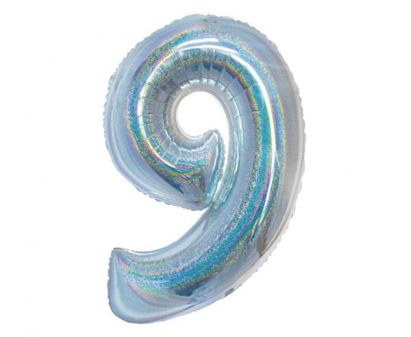 Number holografisk silver ballong siffra 9, 76 cm