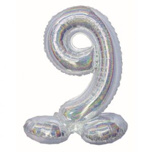 Siffran 9 holografisk silver folieballong med bas 72 cm