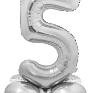 Siffra 5 silver folieballong med bas 72 cm
