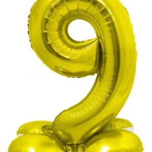 Number Gold nummer 9 folieballong med bas 72 cm