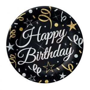 B&C Happy Birthday pappersassiett, set om 6, 18 cm