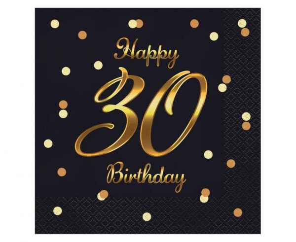 Happy Birthday B&C Svart-Guld 30 Servetter 20-pack 33x33 cm