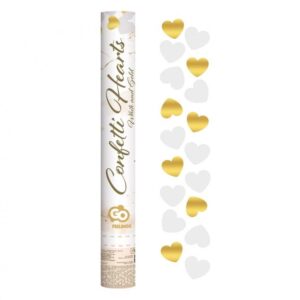 Wedding Gold White Hearts, konfettikanon med hjärtan 40 cm