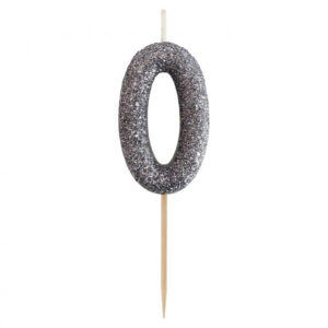 Number Glitter Black, svart sifferljus 0, födelsedagsljus