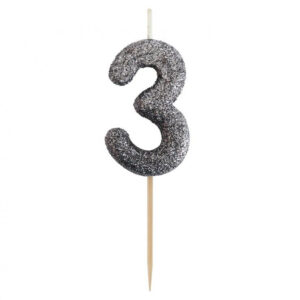 Number Glitter Black, svart sifferljus, födelsedagsljus siffra 3