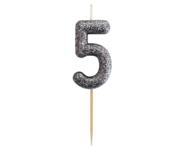 Number Glitter Black, svart siffertårtljus nummer 5