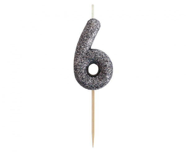 Number Glitter Black, svart födelsedagsljus, siffra 6