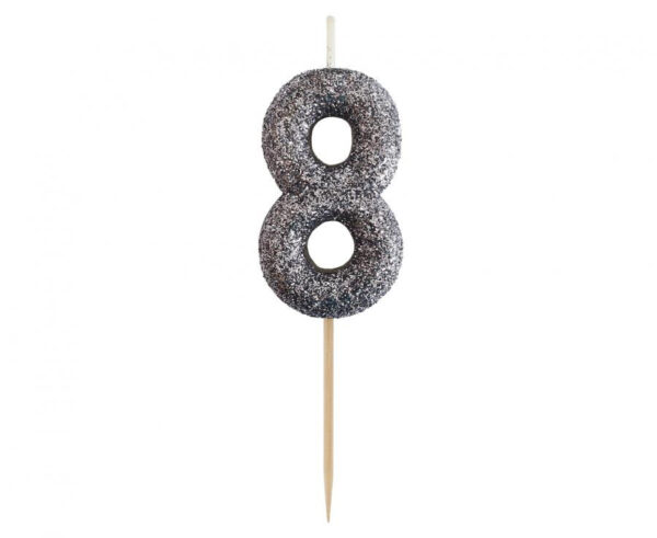 Number Glitter Black, svart tårtljus siffra 8