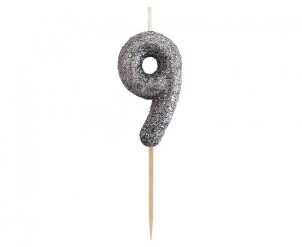 Number Glitter Black, svart siffertårtljus, nummer 9