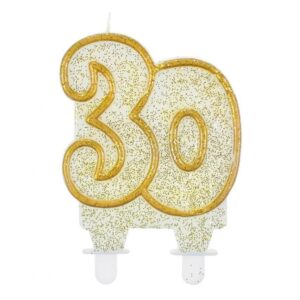 Siffertårtljus med guldglitter, 30 år, 8 cm