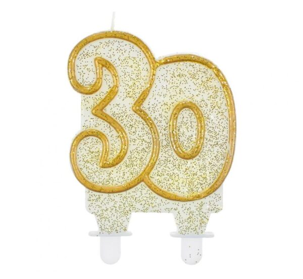 Colour guld glittrande siffertårtljus 30 år, 8 cm