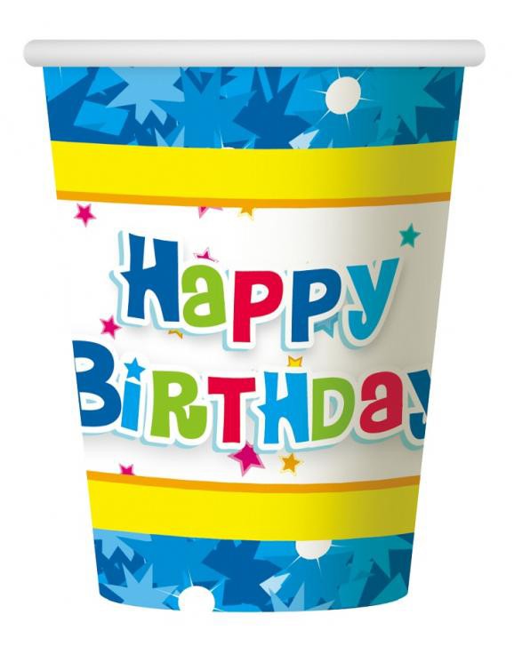 Happy Birthday blå pappersmuggar 6-pack 270 ml
