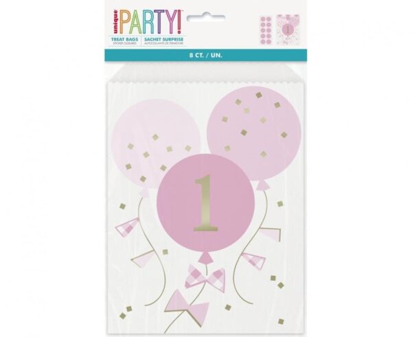 First Birthday 8-delars papperspåsar i rosa 20x16 cm