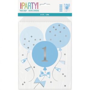 First Birthday blå papperspåsar, 8-pack